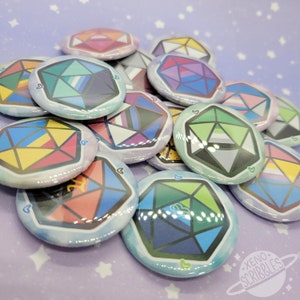 LGBTQ Gay Pride Dungeons and Dragons D&D D20 Dice 1.5” Pin Buttons + Sparkle and Holographic Designs
