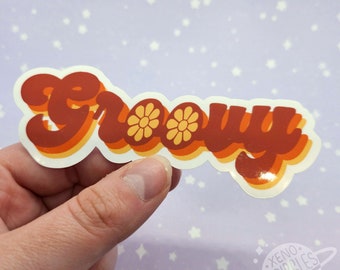 Groovy 70-tals Retro Hippie 10 cm glansiga vinylklistermärken + glitter och holografiskt