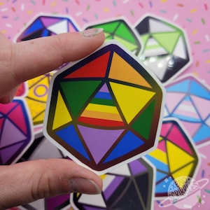 Adesivos de vinil brilhantes LGBTQ+ Gay Pride D&D D20 Dice + brilho e holográfico