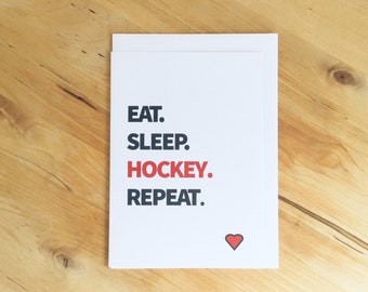 Eat Sleep Hockey Repeat Greeting Card, Fan Birthday Celebration Card