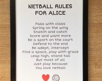 Personalised netball player poem print gift