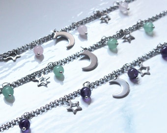 Crystal Bracelet Celestial Charm Moon Stars Celestial Rose Quartz Green Aventurine Amethyst Pink Green Purple Silver Gift for Her Girlfriend