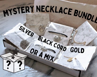 Mysterie ketting bundel doos Lucky Dip sieraden zwart koord zilver goud verkoop set vriendschap bijpassend cadeau voor haar hem Britse vriend vriendin