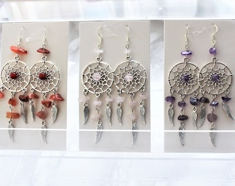 Crystal Dreamcatcher Earrings Gemstone Spiritual Protection Gift For Her Jewellery Sterling Silver Black Cord Rose Quartz Amethyst Sodalite