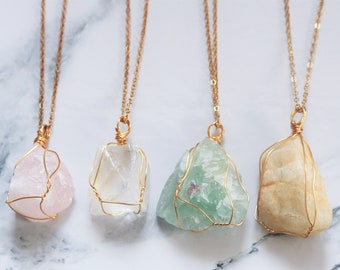 Natuurlijke Raw Crystal Rock ketting draad verpakte gouden sieraden roos helder kwarts groen fluoriet calciet cadeau voor haar hem vrouw vriendin UK