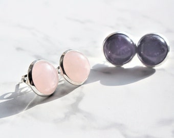 Rose Quartz/Amethyst Earrings Stud Crystal Jewellery Silver Gift For Her Free UK Shipping Unique Pink Purple Gemstone Valentine Mother's Day