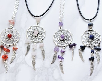 Crystal Dreamcatcher Necklace Polished Gemstone Spiritual Protection Gift For Her Jewellery Silver Black Cord Rose Quartz Amethyst Sodalite