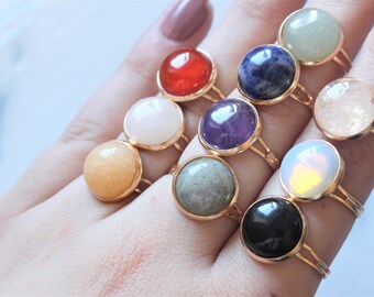 Adjustable Crystal Ring Clear Quartz Rose Jade Aventurine Obsidian Opal Jewellery 18K Gold Gift For Her Free UK Shipping Unique Gemstone