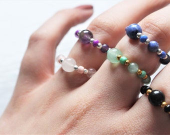 Crystal Bead Fidget Ring Sierlijke Stretch Elastische Sieraden Rozenkwarts Amethist Sodaliet Aventurijn Zilver Cadeau voor haar Hem Rock Edelsteen