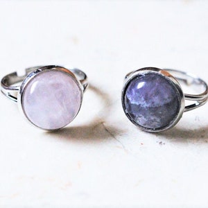 Rose Quartz/Amethyst Adjustable Crystal Ring Jewellery Crystal Sterling Silver Gift For Her Free UK Shipping Unique Pink Purple Gemstone