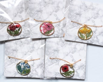 Dried Flower Necklace Pressed Resin Clear 18K Gold Jewellery Nature Gift For Her Girlfriend Wife Mum Sister Unique Leaves Floral Red Pink