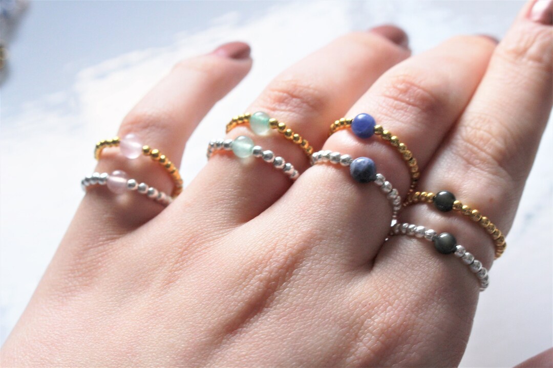 Crystal Bead Dainty Fidget Ring Stretch Jewellery Rose Quartz Green ...