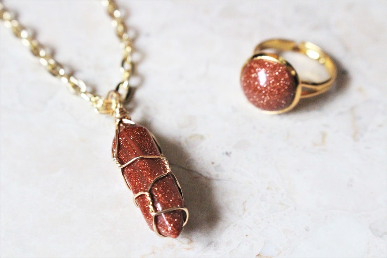 SET Gold Sandstone Necklace Ring Matching Gift For Her Free UK Shipping Sparkly Gold Crystal Jewellery Unique Glittery Orange Adjustable