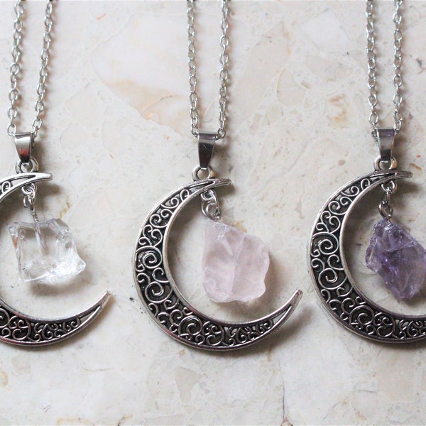 Moon Crescent Crystal Charm Necklace Clear Quartz Rose Quartz Amethyst Jewellery Free UK Shipping Gift For Her Him Healing Chakra Unique