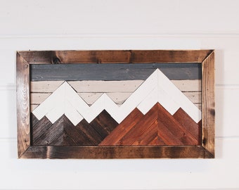 Mountain wood art, wall decor, mountain art, geometric art, woodscape, mountain range, rustic art, mountain range, lodge art, mosaic