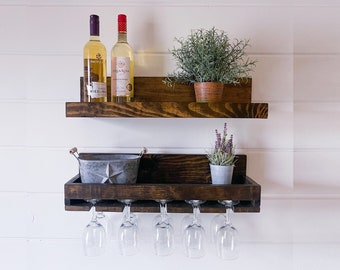 Wood Wine Rack, bar shelves, stemware rack, wine shelf, wall mounted wine rack, wine decor, stemware holder