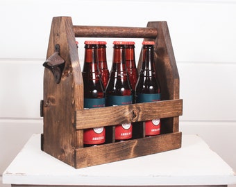 Beer Caddy, Wooden Six Pack Beer Caddy, Bottle Opener, beer holder, beer case, beer gifts, mens gifts, mens christmas, best mans gifts