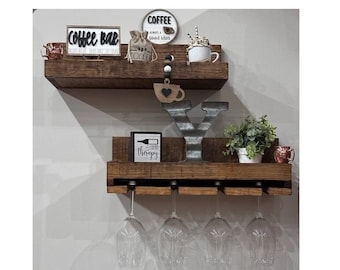 Wine rack, wood Wine Rack, wall mounted shelf, hanging Stemware Glass Holder, bar shelf, wine bottle holder, wine accessories