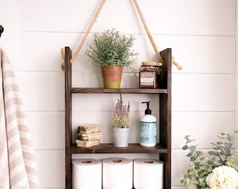 Rustic Rope Hanging Bathroom Shelf – 3-Tier Wood Wall Organizer, Farmhouse Floating Shelf