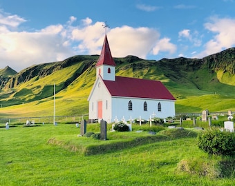 Iceland church, digital download, Iceland, church, photo, picture of church, green hills, colorful church, Reyniskirkja