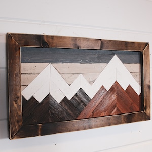 Mountain wood art, wall decor, mountain art, geometric art, woodscape, mountain range, rustic art, mountain range, lodge art, mosaic image 3