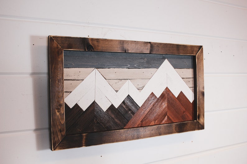 Mountain wood art, wall decor, mountain art, geometric art, woodscape, mountain range, rustic art, mountain range, lodge art, mosaic image 3