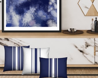 Cushion Cover Only - Navy Blue Cushion White Stripe 18&quot;x18&quot; / 24&quot;x24&quot; / 24&quot; x 18&quot; by CalmCozyChic