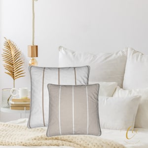 Cotton Linen Natural Beige White Stripe Cushion and Feather Insert with White Piping,Printed Both Sides,Minimalist Throw Pillow Cushion