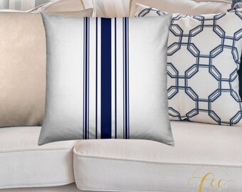 Cushion Cover Only - White Cushion Navy Blue Stripe 18&quot;x18&quot; / 24&quot;x24&quot; / 24&quot; x 18&quot; by CalmCozyChic