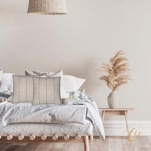 Cotton Linen Natural Beige Caramel Stripe Cushion and Feather Insert with White Piping,Printed Both Sides,Minimalist Throw Pillow Cushion