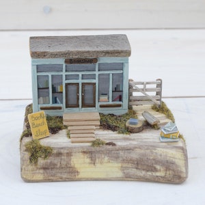 Bookshop, Small single, cottage style, miniature wooden building, store, mini store, books, bookstore, Unique handmade Gift, Shelf ornament