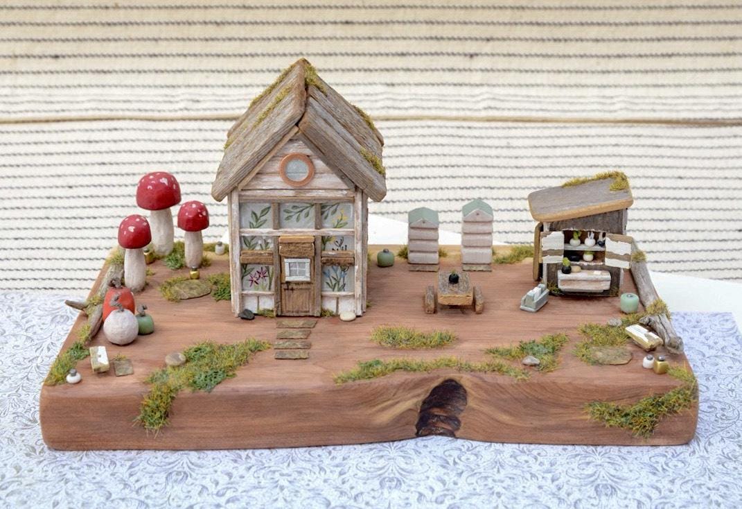 Green house, fairy, dream, garden, market stand, bee hive, fairy garden, miniature, mini house, small garden, mushroom, pumpkins