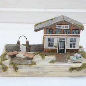 Bookshop, Small single, cottage style, miniature wooden building, store, mini store, books, bookstore, Unique handmade Gift, Shelf ornament