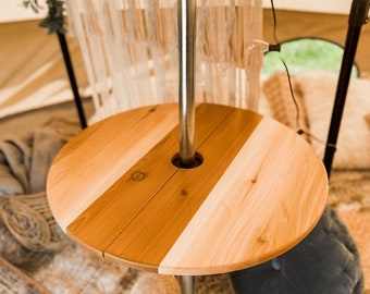 Bell tent pole table, event tent drink shelf. Adjustable, free standing, cedar wood.