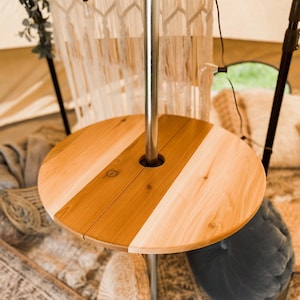 Bell tent pole table, event tent drink shelf. Adjustable, free standing, cedar wood. image 1