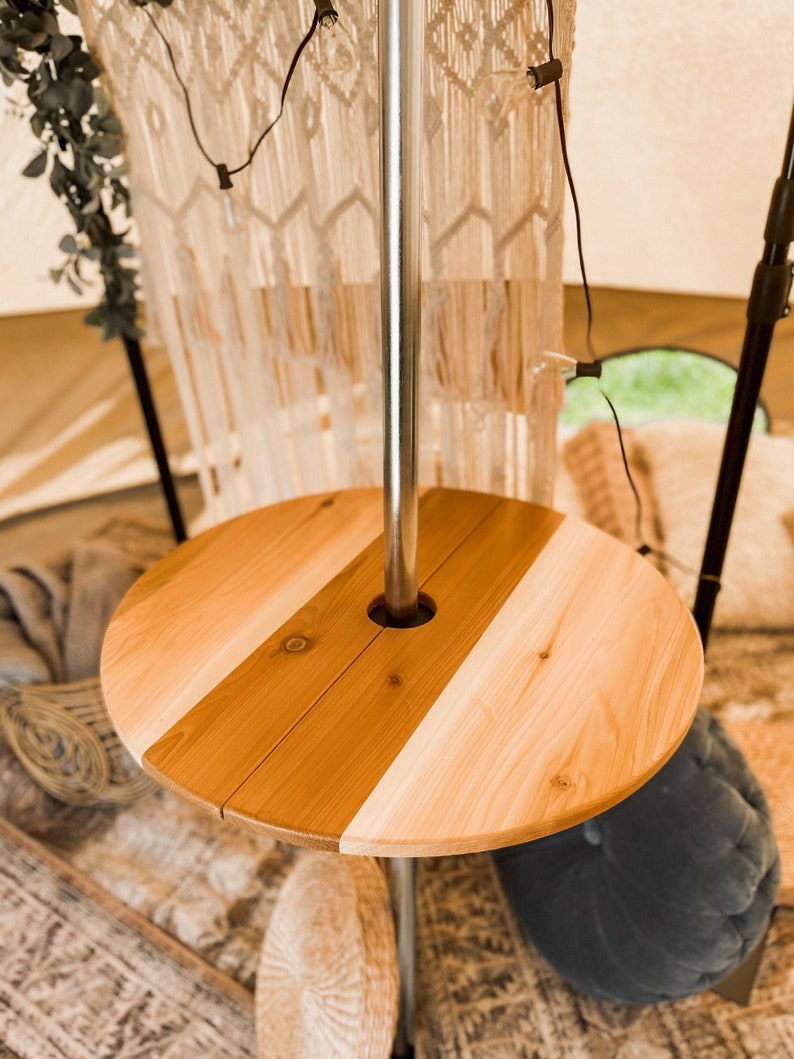 Bell tent pole table, event tent drink shelf. Adjustable, free standing, cedar wood. image 1