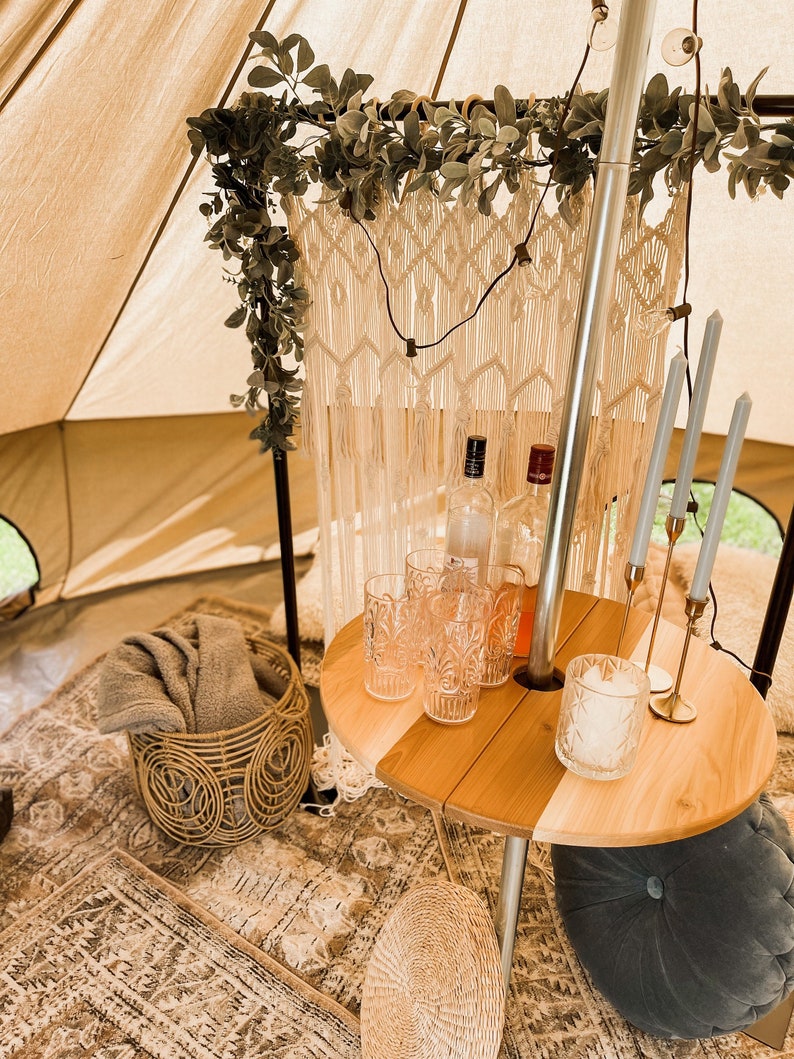 Bell tent pole table, event tent drink shelf. Adjustable, free standing, cedar wood. image 2