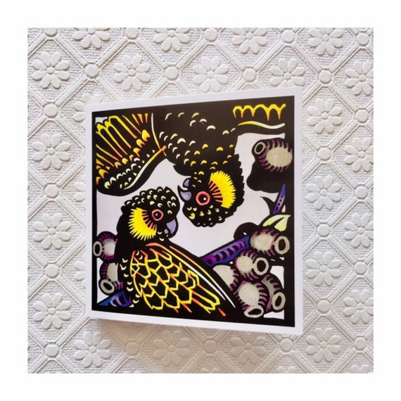 Tasmanian Yellow-Tailed Black Cockatoo Blank Greeting Card Featuring an Original Hand-Coloured Lino Print
