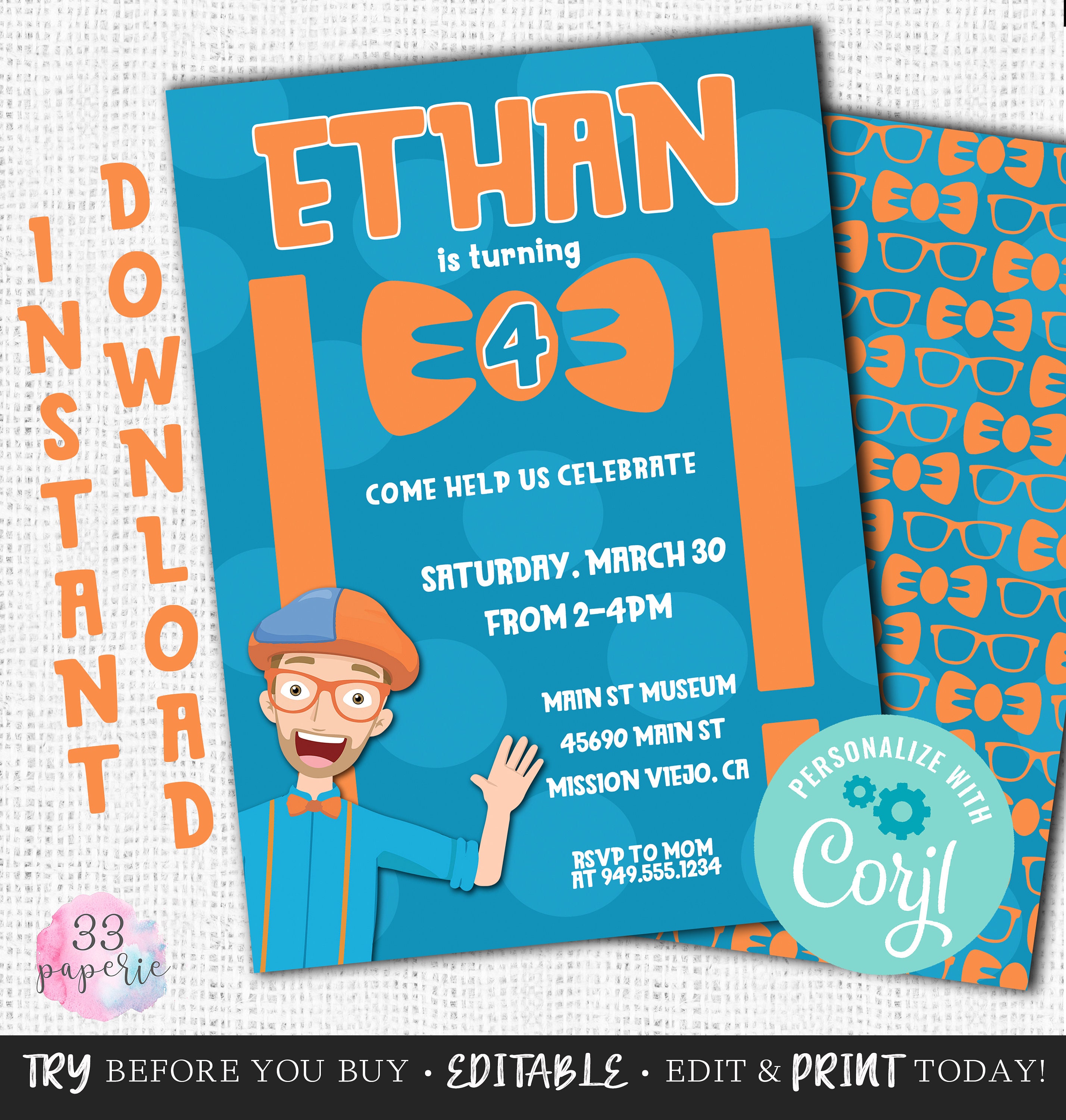 Blippi Birthday Invitation Template Free Printable Templates