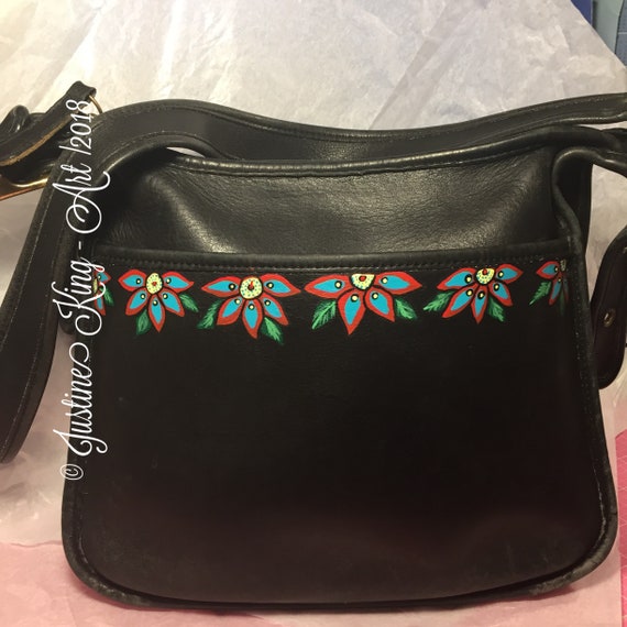 Vintage Black Leather Coach Bag With Red Turquoise Blooms Art Shoulder Bag Etsy