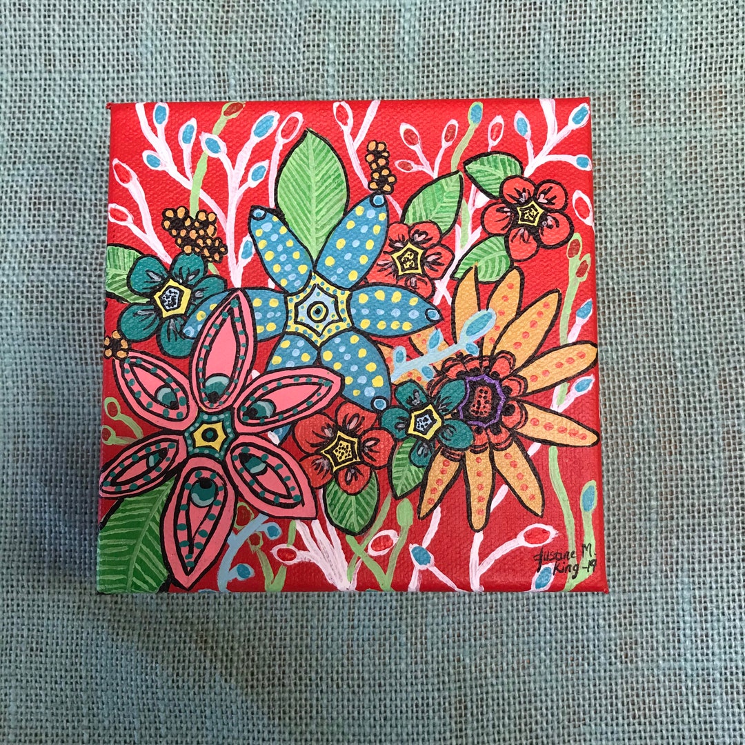 Original Canvas Art Acrylic Painting red Floral 5x5 Flower Art Square