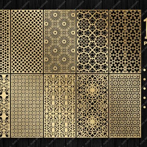 May include: A collection of 10 rectangular panels featuring intricate gold laser-cut geometric and floral patterns on a dark background. The text 10 PANELS is displayed alongside a list of file formats including SVG, PNG, DXF, AI, and CDR.