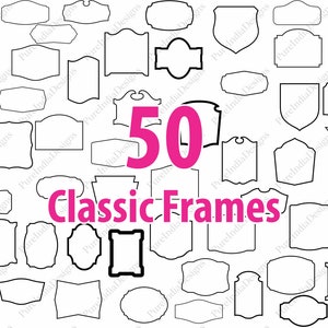 May include: A collection of 50 classic black and white frame designs. The frames are all different shapes and sizes, and they would be perfect for adding a vintage touch to any project.