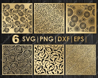 6 つのデザイン バンドル、花柄、プライバシー スクリーン、装飾パネル、SVG、クリカット、シルエット、EPS、DXF、レーザー カッティング、CNC、デジタル、ベクター、抽象