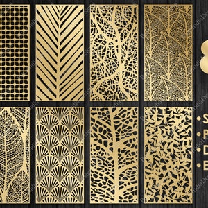 Op de afbeelding: Acht goudkleurige decoratieve panelen met ingewikkelde uitgesneden ontwerpen. De panelen hebben verschillende patronen, waaronder geometrische vormen, bladeren en abstracte kunst. Het nummer "8" wordt in goud weergegeven. Bestandsformaten zijn SVG, PNG, DXF en EPS.