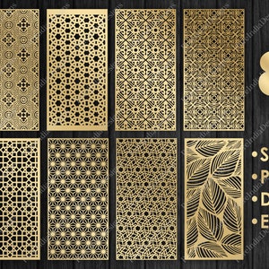 May include: Eight different decorative screen designs in gold. The designs are geometric and floral. The designs are for laser cutting and are available in SVG, PNG, DXF, and EPS formats.