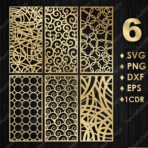 May include: Six different gold-colored decorative screen designs. The designs are intricate and feature geometric shapes, swirls, and lines. The designs are arranged in a grid pattern.