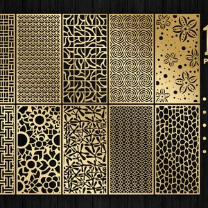 May include: A collection of 10 rectangular panels featuring diverse gold-colored laser-cut patterns including geometric grids, floral motifs, and organic shapes. The text 10 PANELS, SVG, PNG, DXF, AI, and CDR is displayed on the right side.