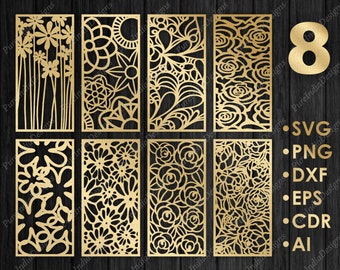 8個の花柄ルームディバイダー、プライバシースクリーン、レーザーカットファイル（SVG、EPS、DXF）