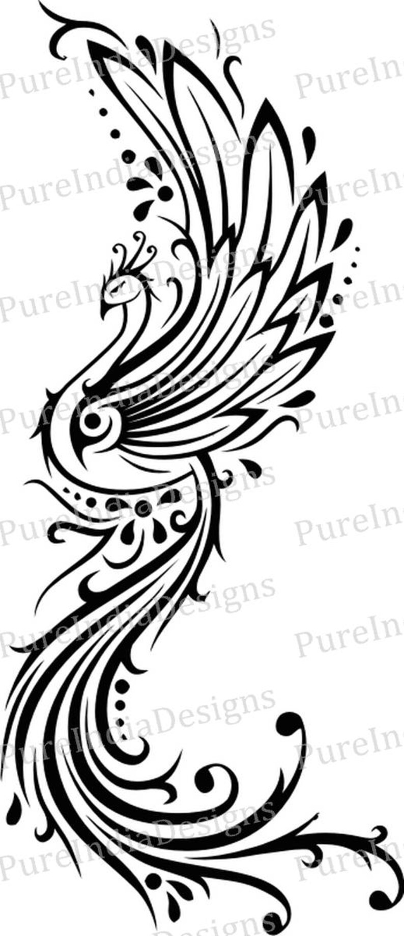 May include: A black and white graphic illustration of a stylised bird with long, flowing tail feathers and intricate swirling patterns. The design features the repeating watermark text PureIndiaDesigns overlaid across the entire image.